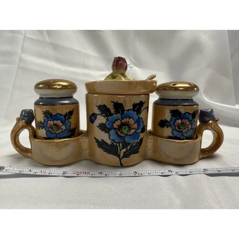Lusterware Hand Painted Japan Vintage Condiment Set Salt‎ Pepper Sugar Spoon MCM